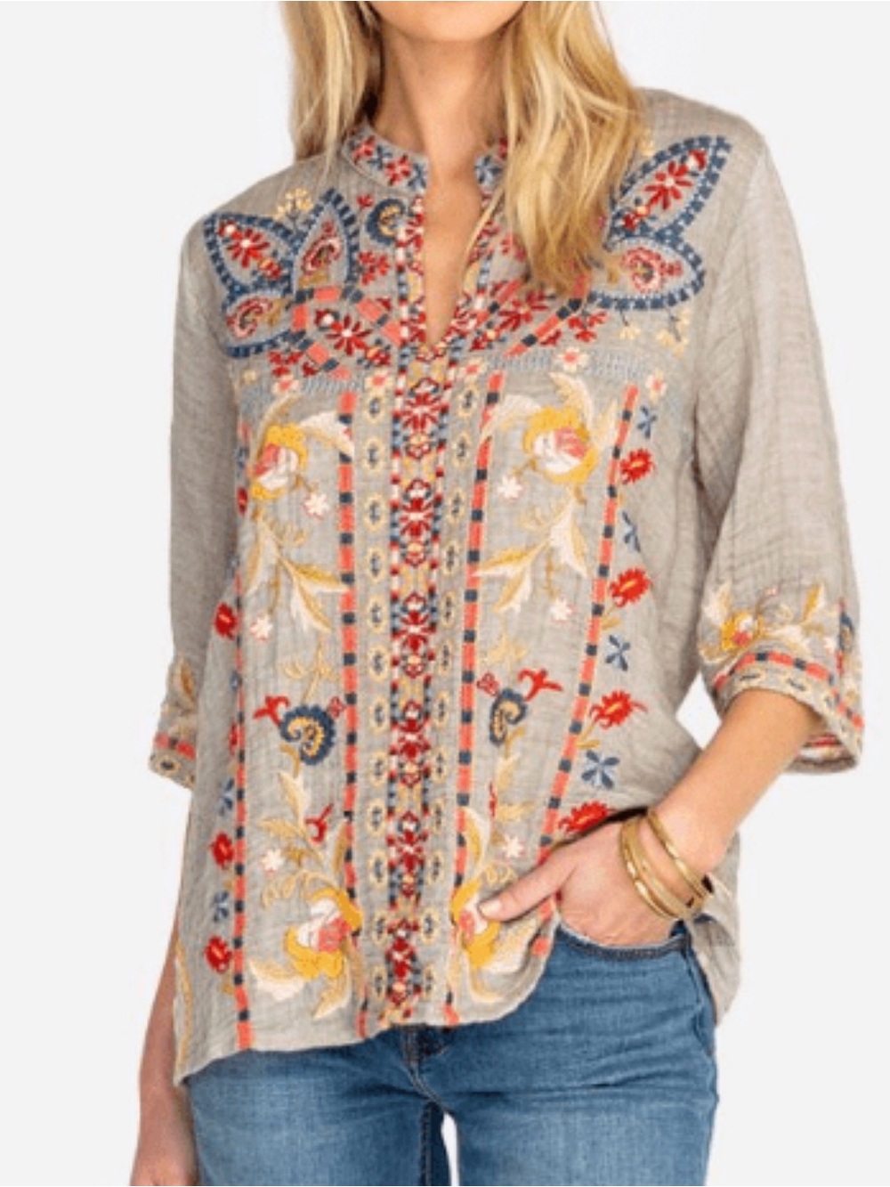Johnny Was-3 J Workshop Salome Easy V Neck Top-100% Cotton-XS-Boho-Hippie